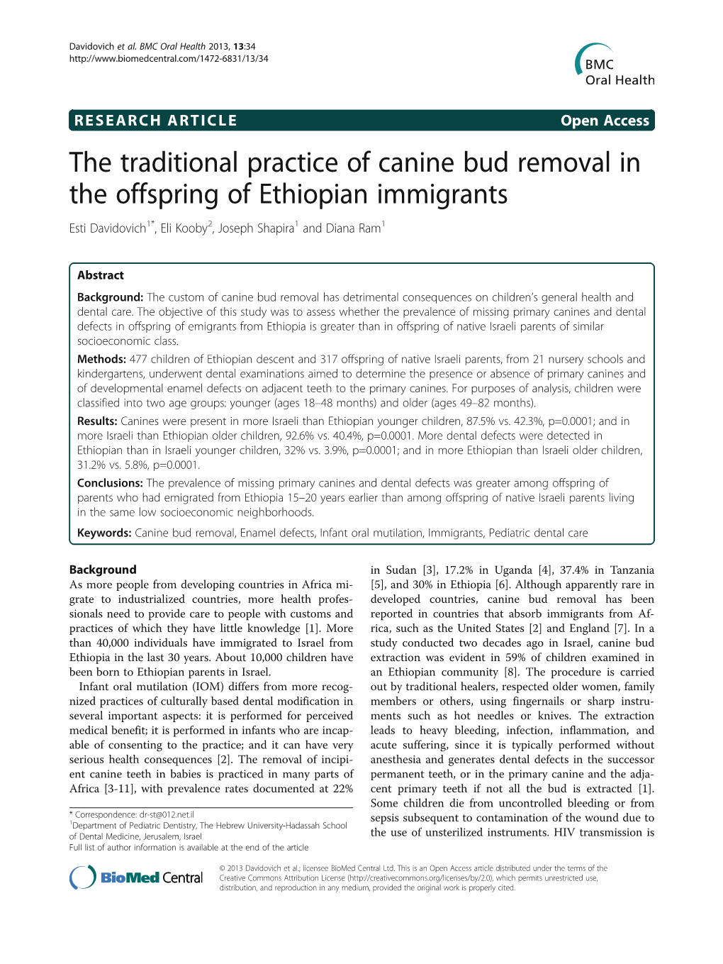 The Traditional Practice of Canine Bud Removal in the Offspring of Ethiopian Immigrants Esti Davidovich1*, Eli Kooby2, Joseph Shapira1 and Diana Ram1