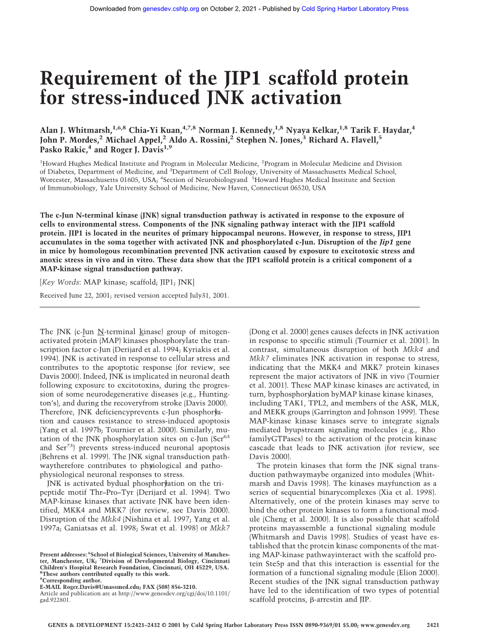 Requirement of the JIP1 Scaffold Protein for Stress-Induced JNK Activation