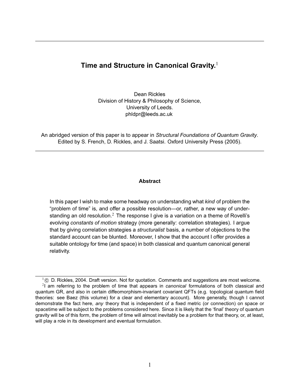 Time and Structure in Canonical Gravity.1