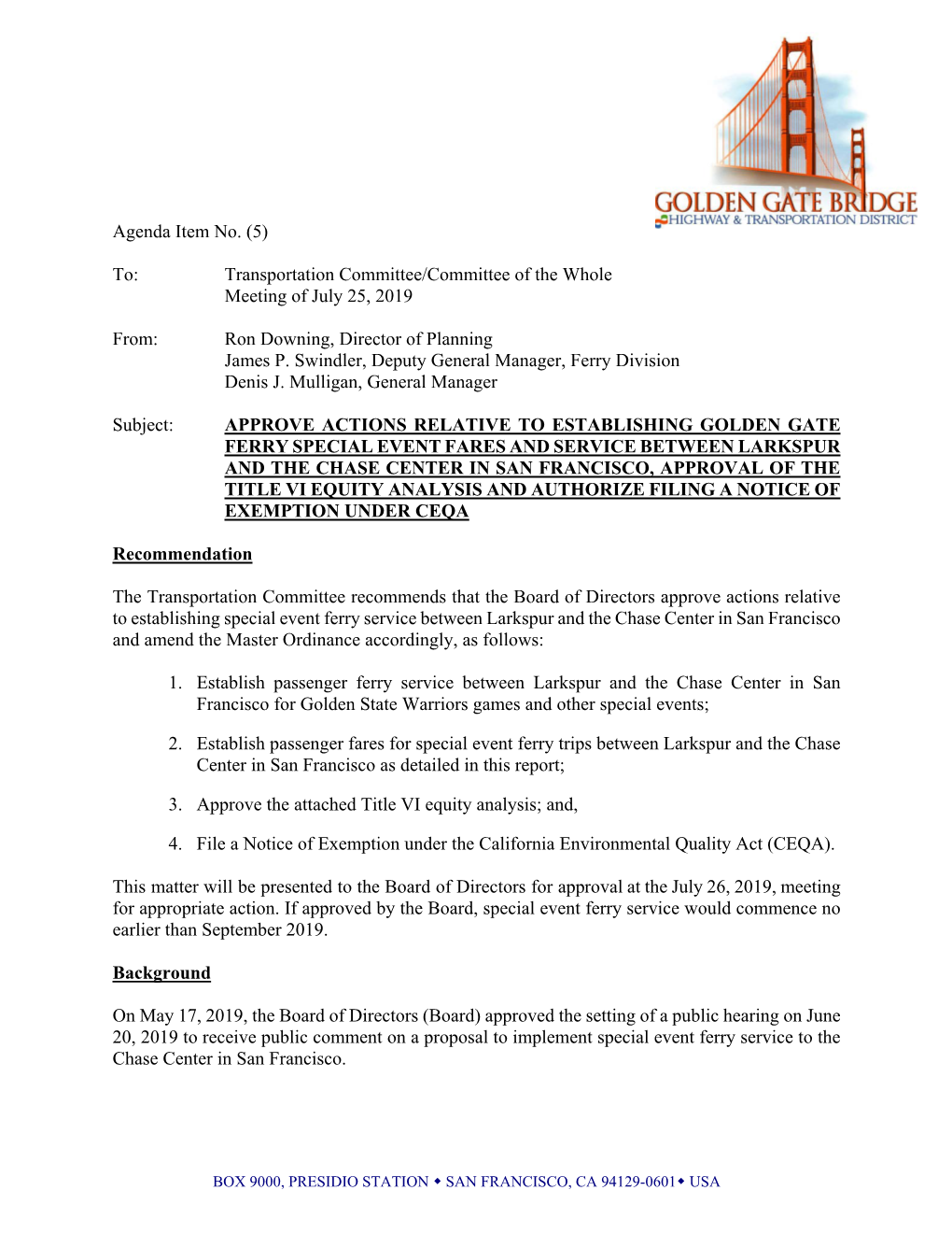 Agenda Item No. (5) To: Transportation Committee