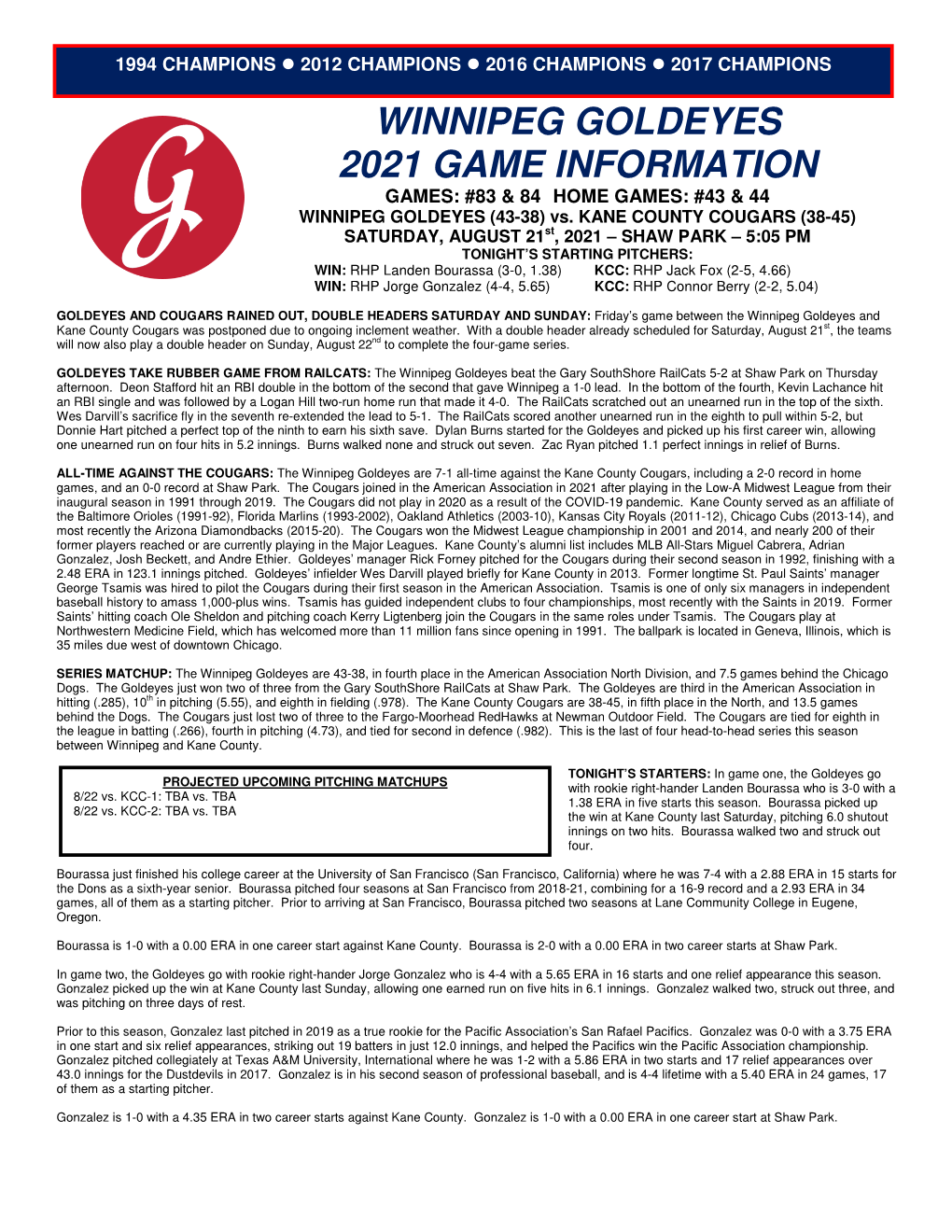 WINNIPEG GOLDEYES 2021 GAME INFORMATION GAMES: #83 & 84 HOME GAMES: #43 & 44 WINNIPEG GOLDEYES (43-38) Vs