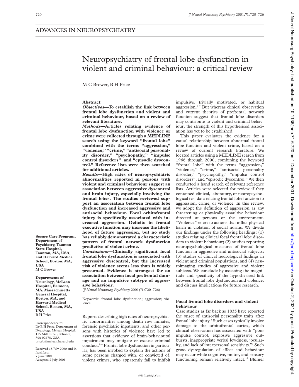 Neuropsychiatry of Frontal Lobe Dysfunction in Violent and Criminal Behaviour: a Critical Review