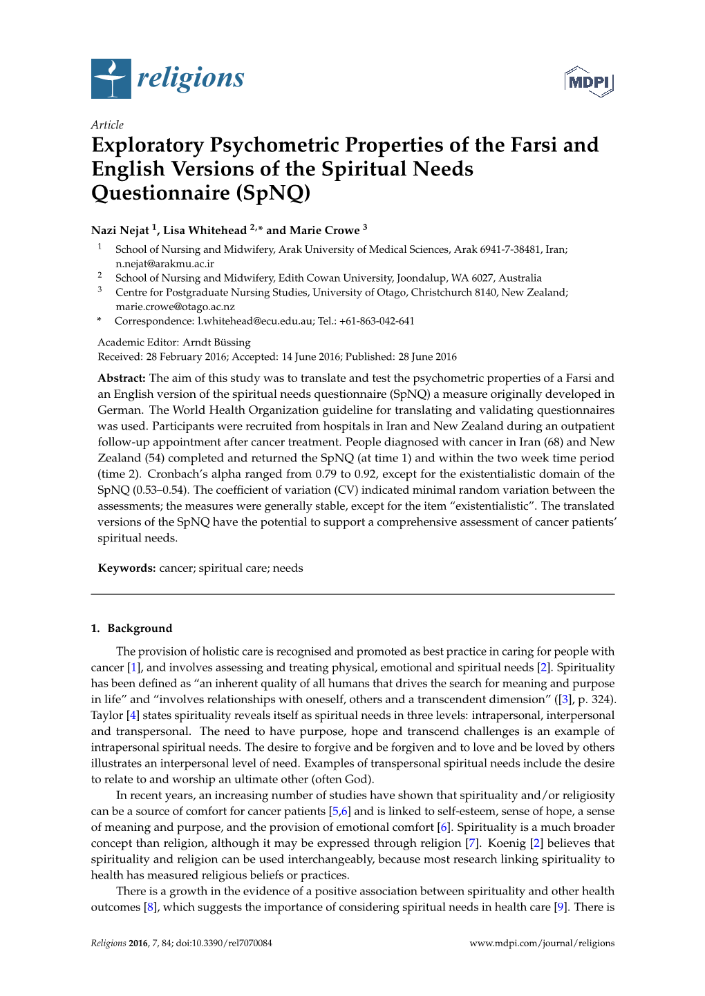 Exploratory Psychometric Properties of the Farsi and English Versions of the Spiritual Needs Questionnaire (Spnq)