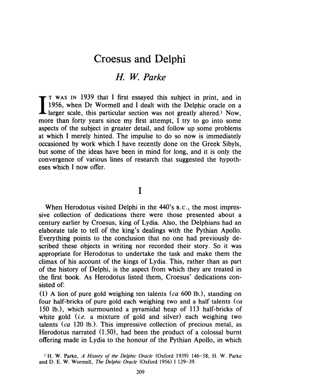 Croesus and Delphi , Greek, Roman and Byzantine Studies, 25:3 (1984) P.209