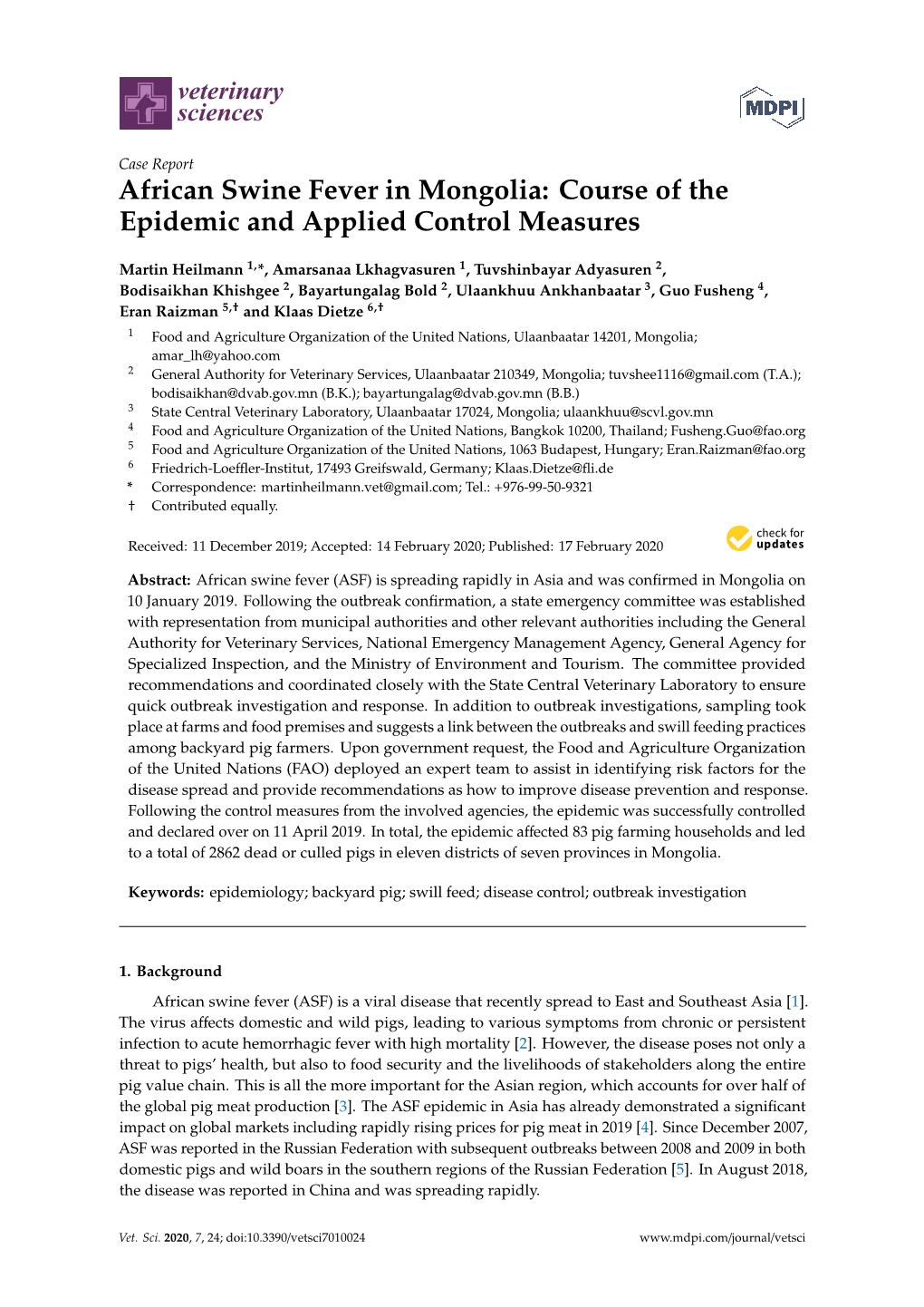 African Swine Fever in Mongolia: Course of the Epidemic and Applied Control Measures