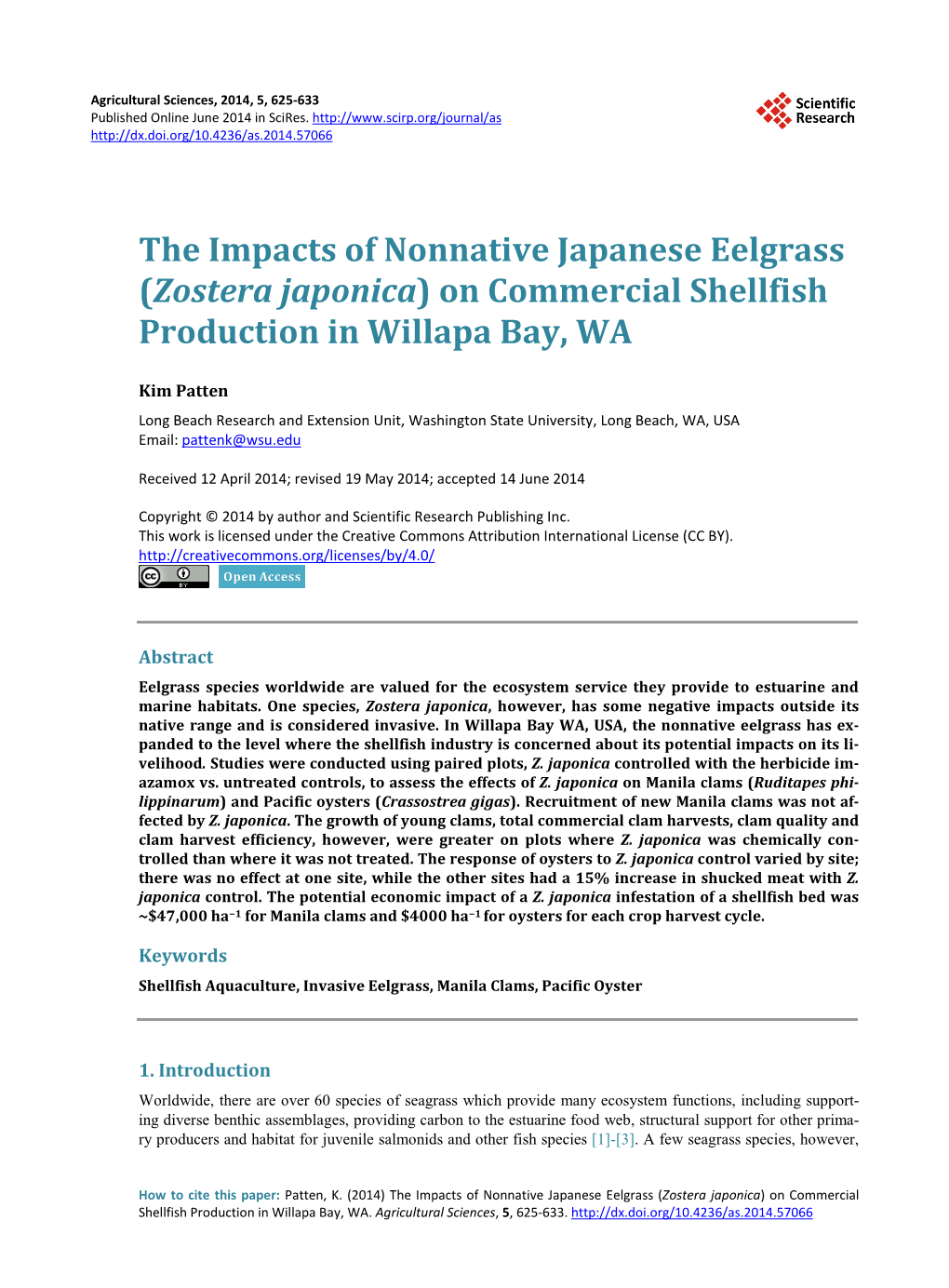 Zostera Japonica) on Commercial Shellfish Production in Willapa Bay, WA