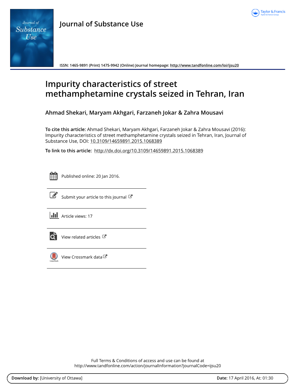 Impurity Characteristics of Street Methamphetamine Crystals Seized in Tehran, Iran
