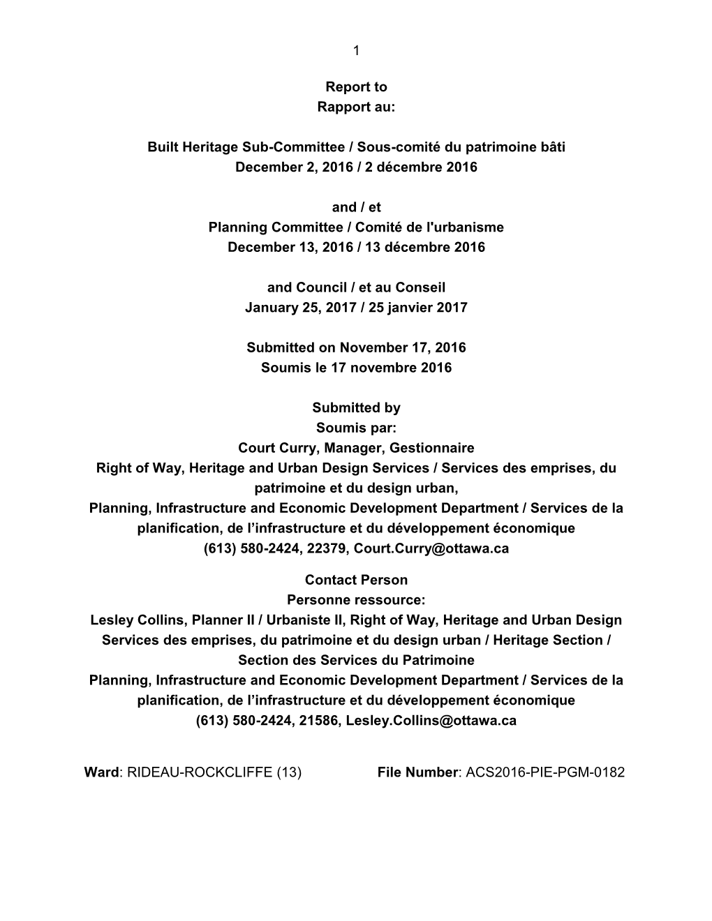 Built Heritage Sub-Committee / Sous-Comité Du Patrimoine Bâti December 2, 2016 / 2 Décembre 2016