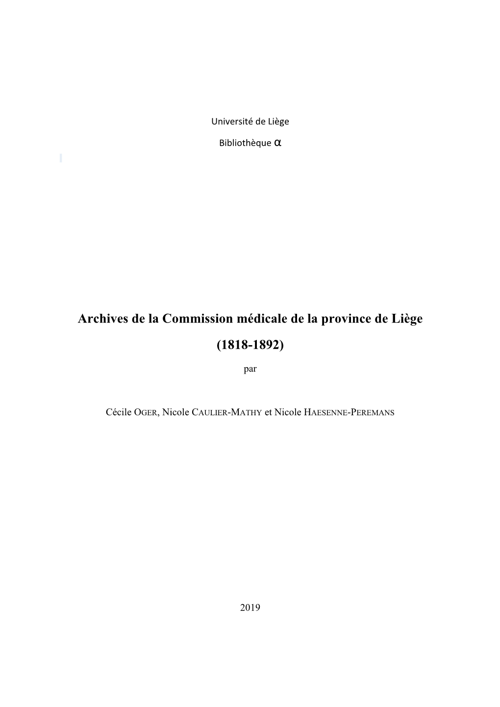 Archives De La Commission Médicale De La Province De Liège (1818-1892)