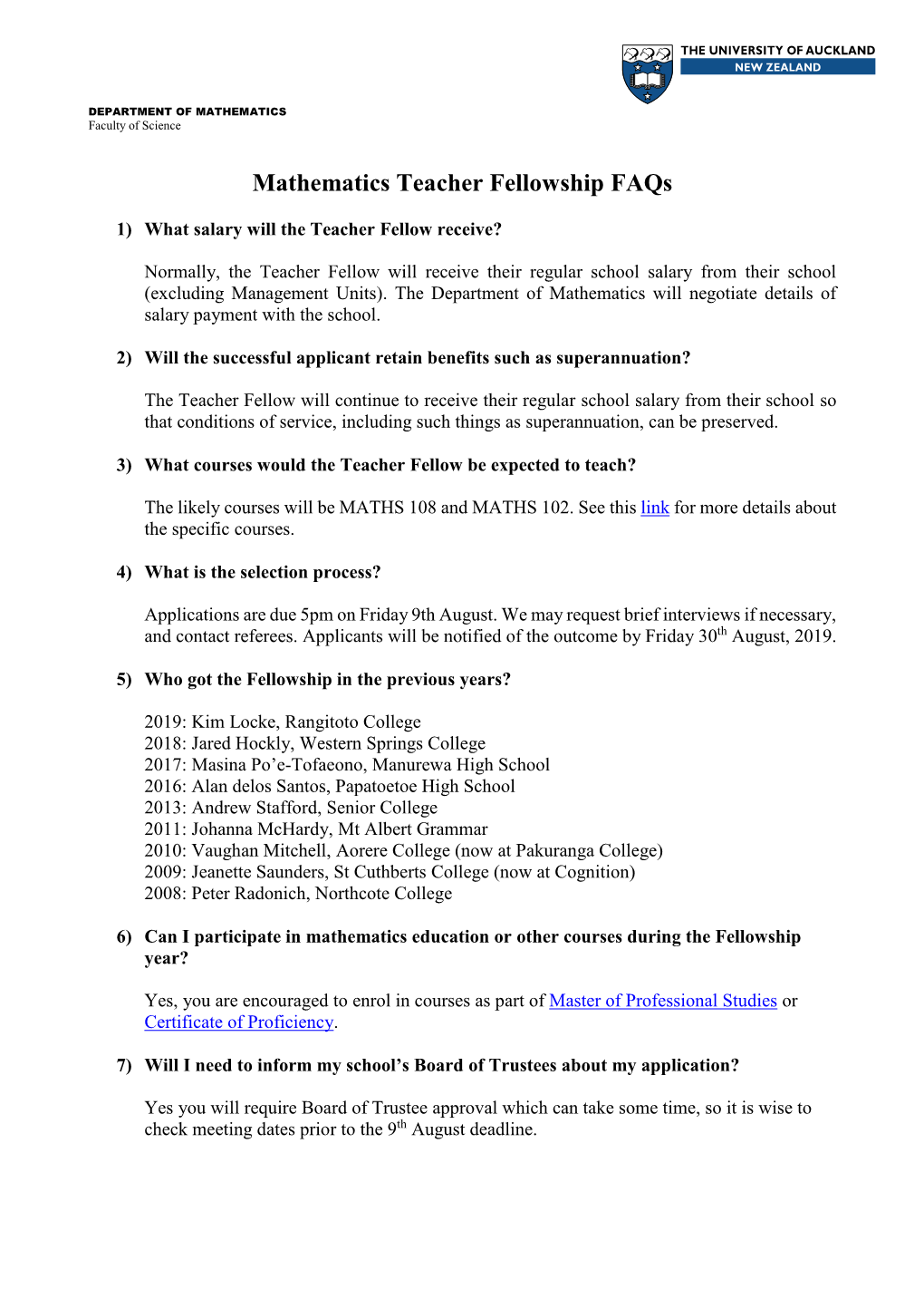 Mathematics Teacher Fellowship Faqs