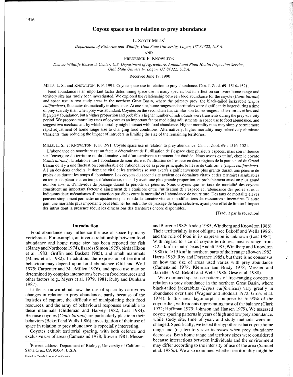 Coyote Space Use in Relation to Prey Abundance