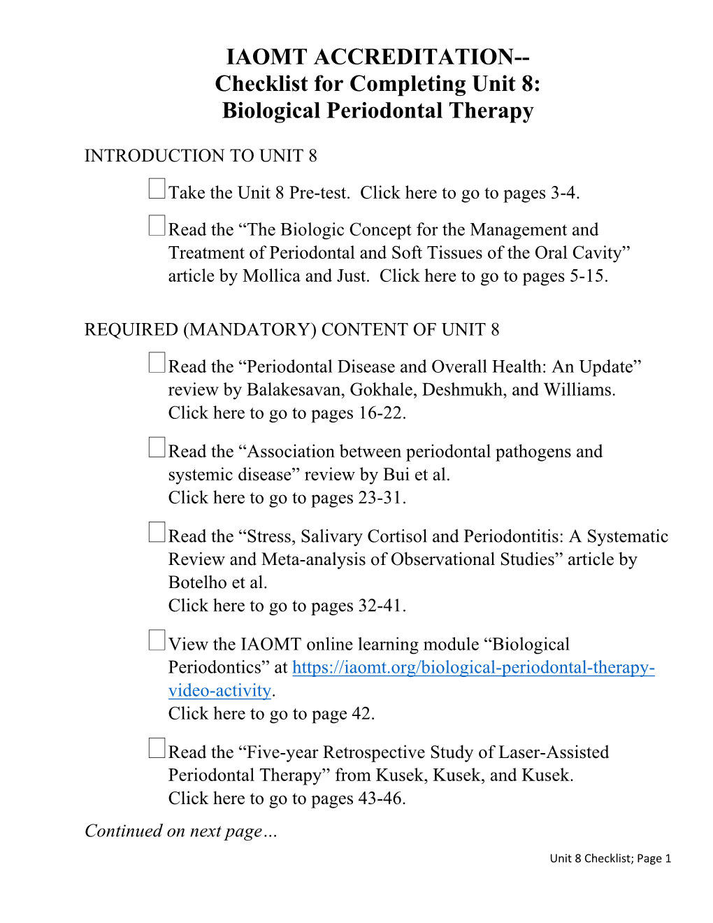 IAOMT ACCREDITATION-- Checklist for Completing Unit 8: Biological Periodontal Therapy