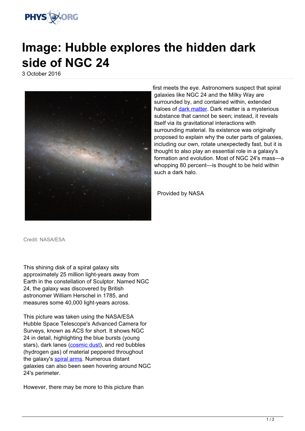 Hubble Explores the Hidden Dark Side of NGC 24 3 October 2016