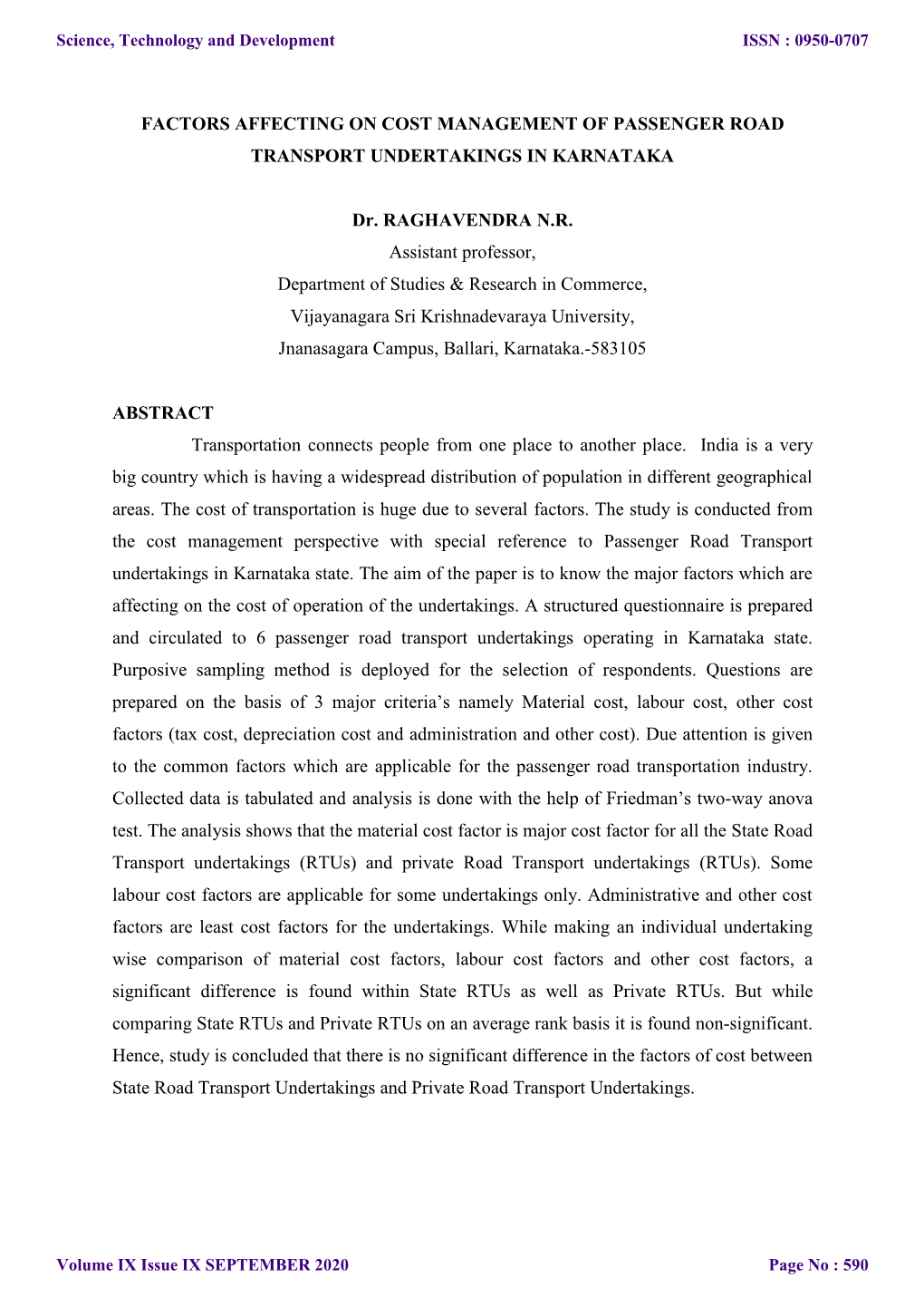 Factors Affecting on Cost Management of Passenger Road Transport Undertakings in Karnataka