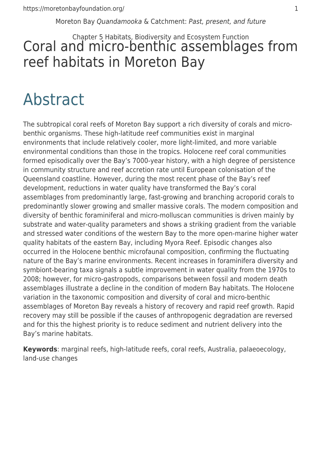 Coral and Micro-Benthic Assemblages from Reef Habitats in Moreton Bay