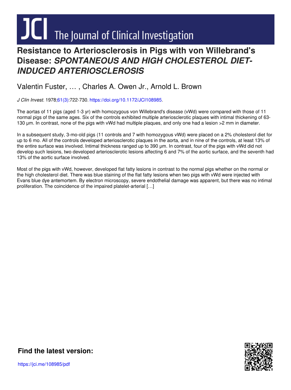 Resistance to Arteriosclerosis in Pigs with Von Willebrand's Disease: SPONTANEOUS and HIGH CHOLESTEROL DIET- INDUCED ARTERIOSCLEROSIS