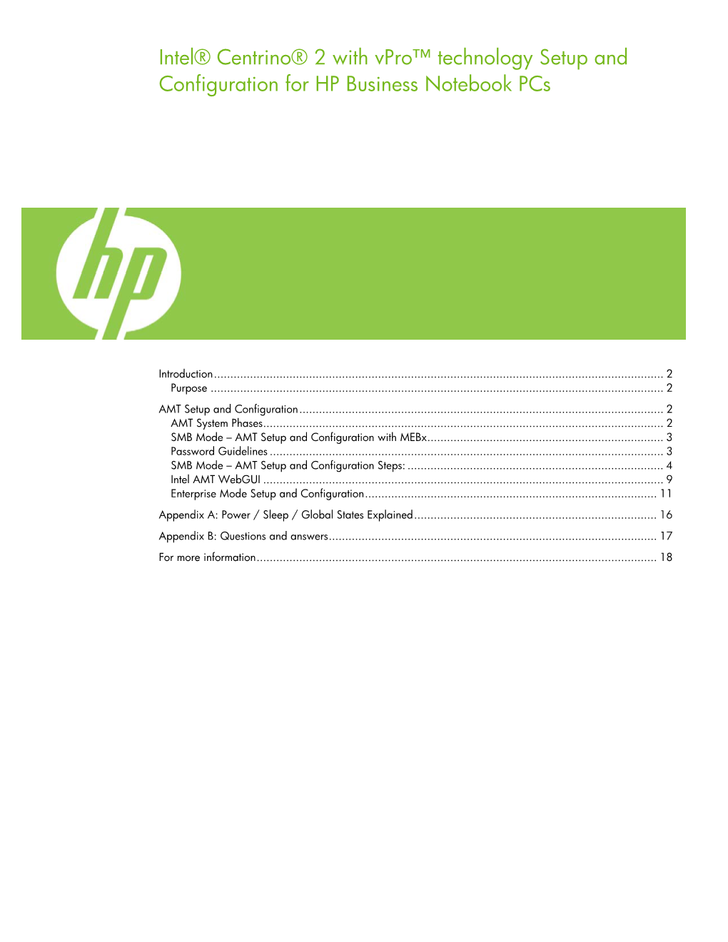 Intel® Centrino® 2 with Vpro™ Technology Setup and Configuration for HP Business Notebook Pcs