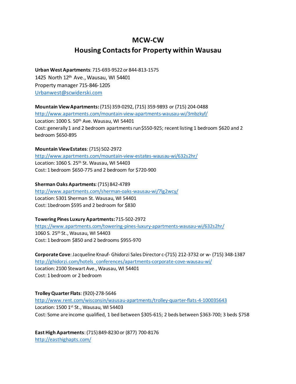 MCW-CW Housing Contacts for Property Within Wausau