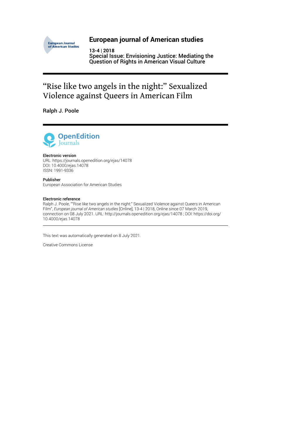 European Journal of American Studies, 13-4 | 2018 “Rise Like Two Angels in the Night:” Sexualized Violence Against Queers in Am