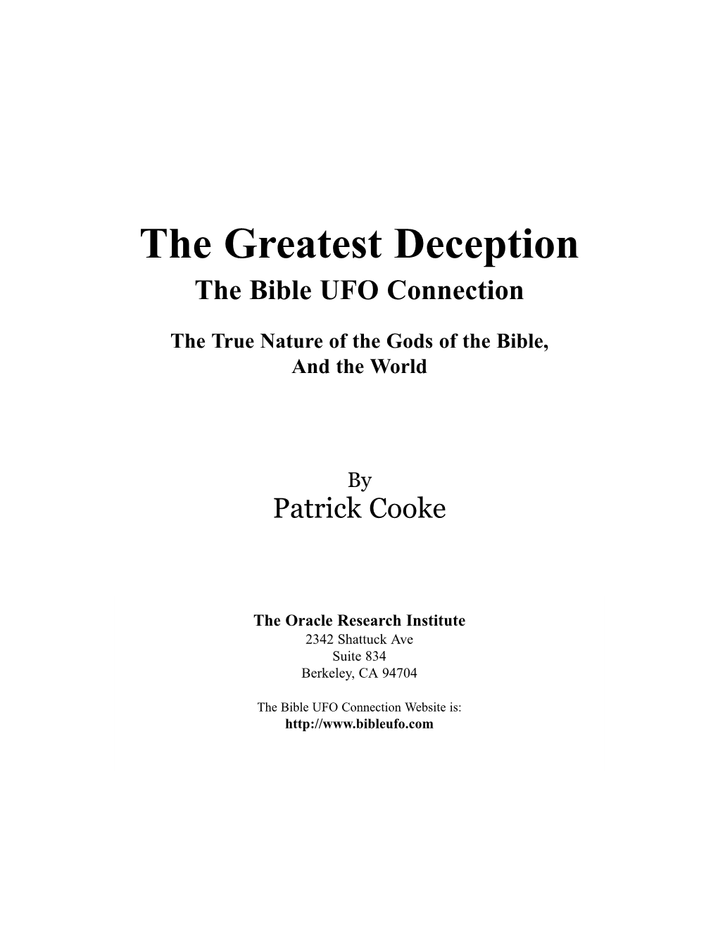 The Greatest Deception the Bible UFO Connection