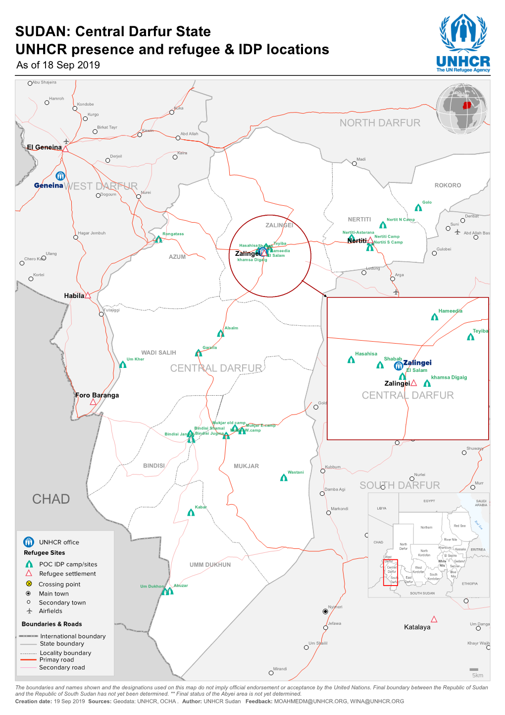 SUDAN: Central Darfur State UNHCR Presence and Refugee & IDP Locations