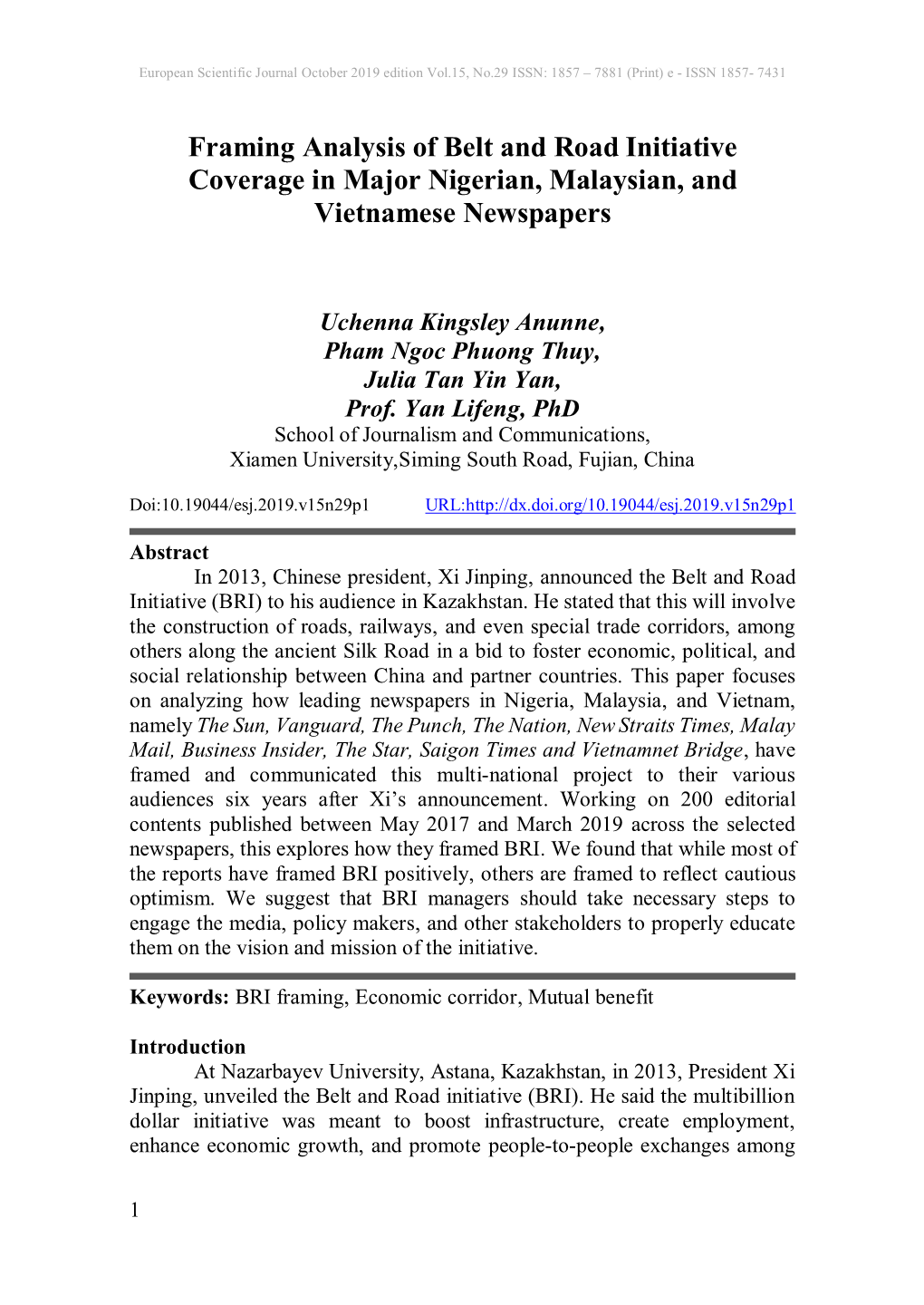Framing Analysis of Belt and Road Initiative Coverage in Major Nigerian, Malaysian, and Vietnamese Newspapers