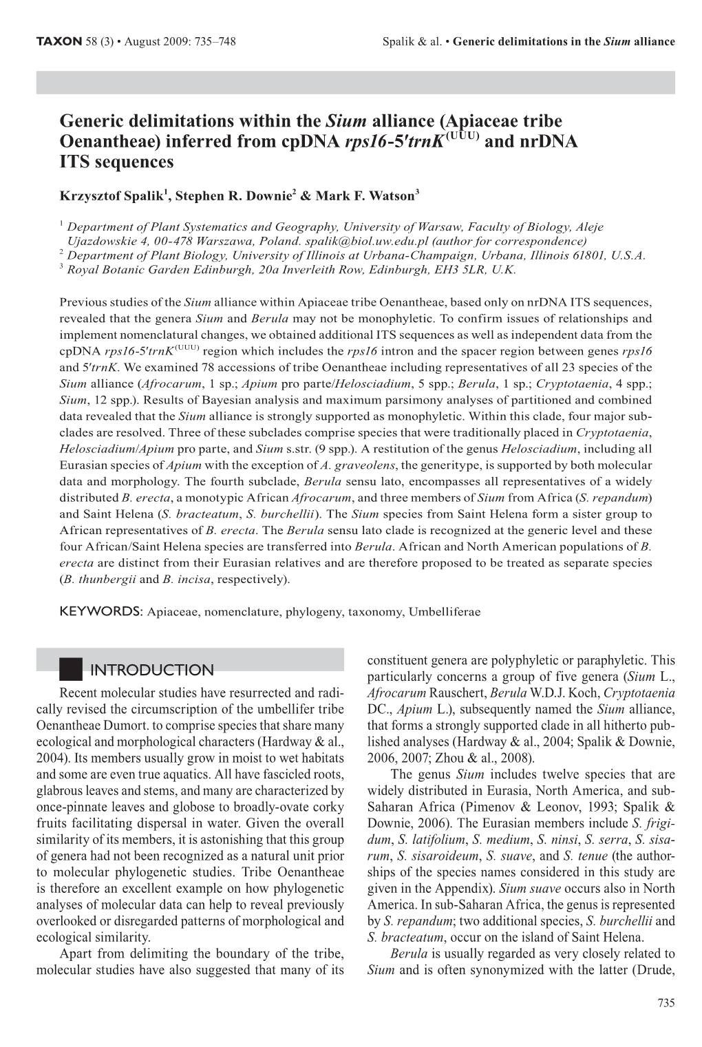 Generic Delimitations Within the Sium Alliance (Apiaceae Tribe Oenantheae) Inferred from Cpdna Rps16-5′Trnk (UUU) and Nrdna ITS Sequences