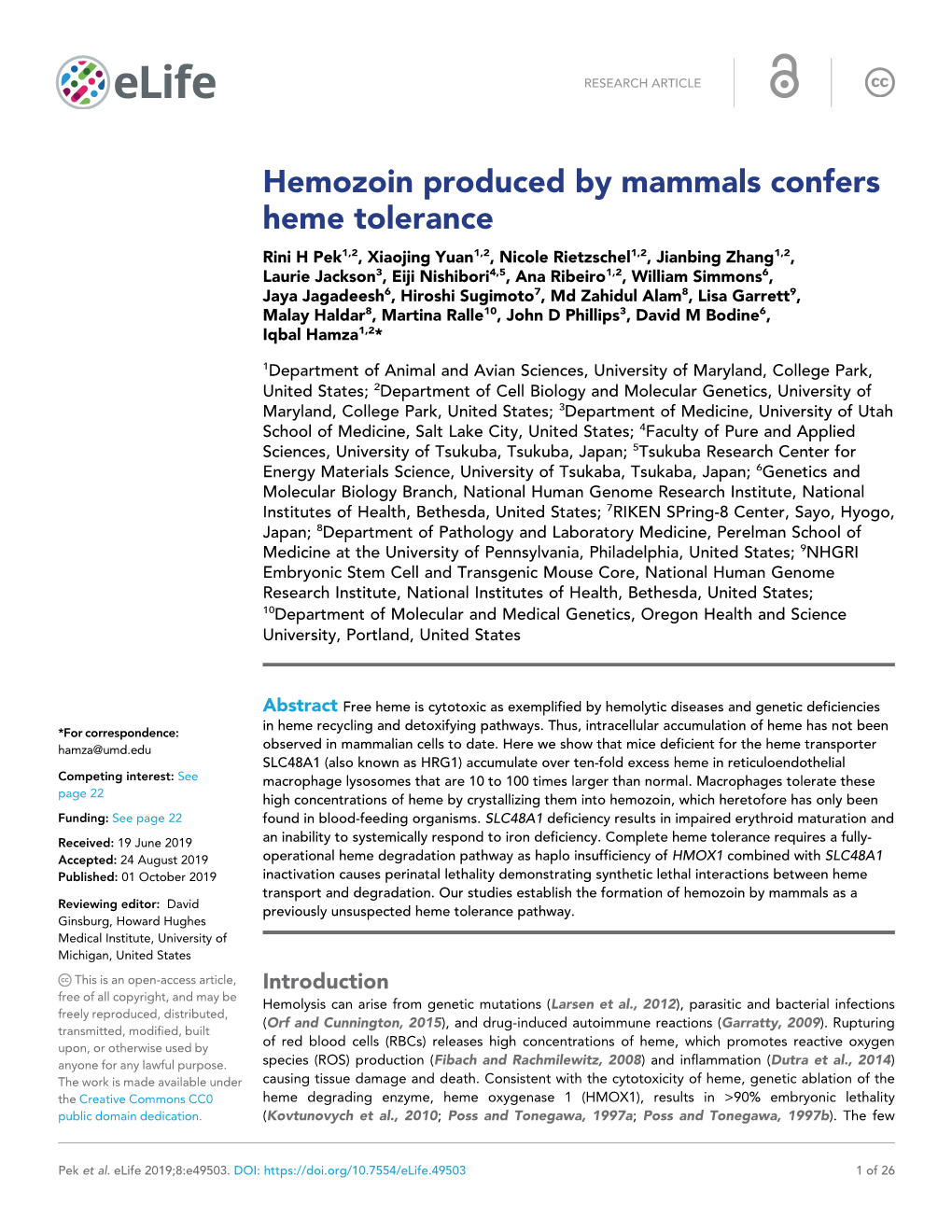 Hemozoin Produced by Mammals Confers Heme Tolerance