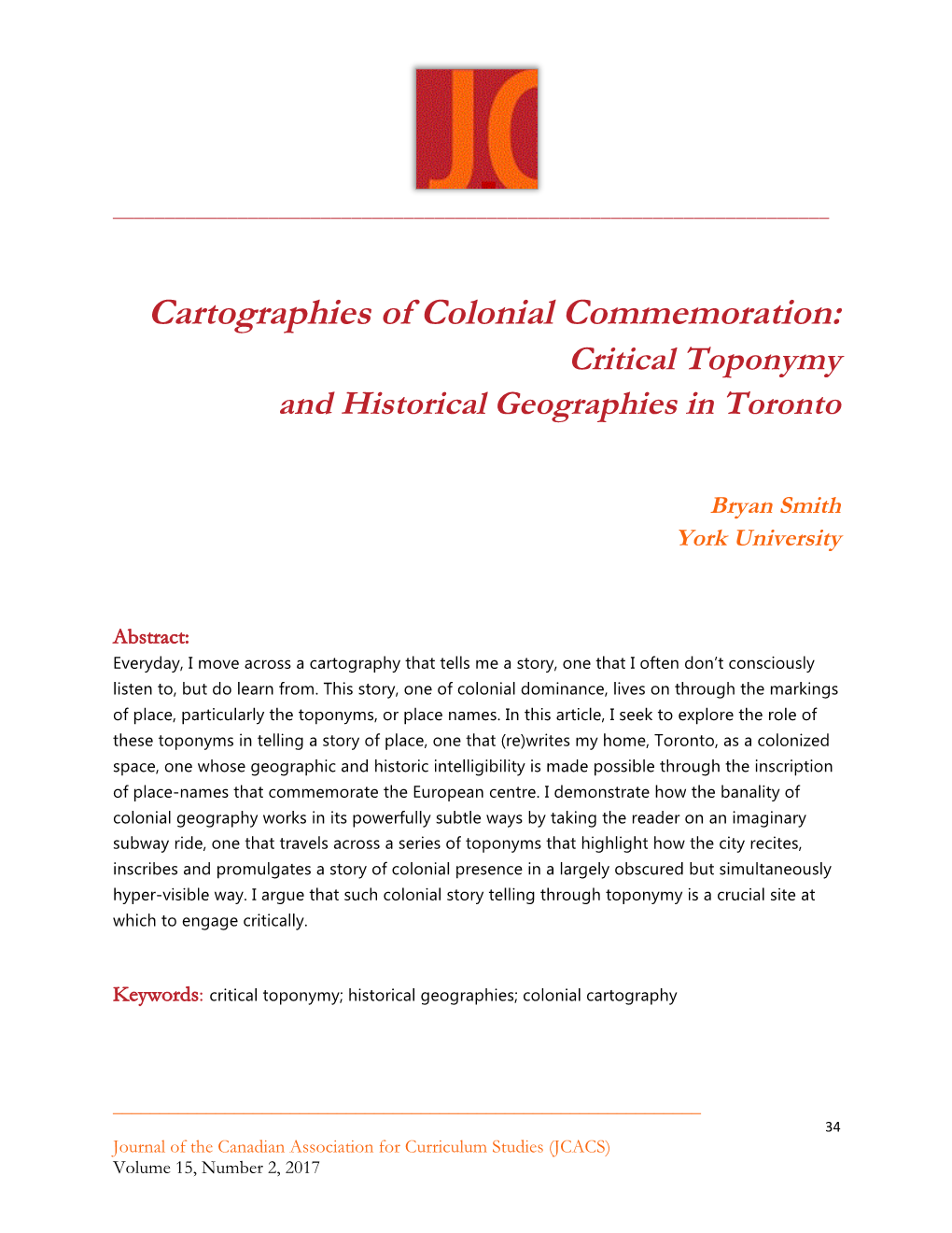 Cartographies of Colonial Commemoration: Critical Toponymy and Historical Geographies in Toronto