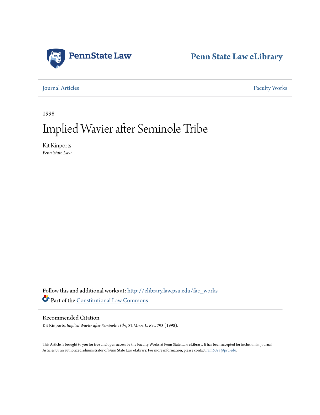 Implied Wavier After Seminole Tribe Kit Kinports Penn State Law