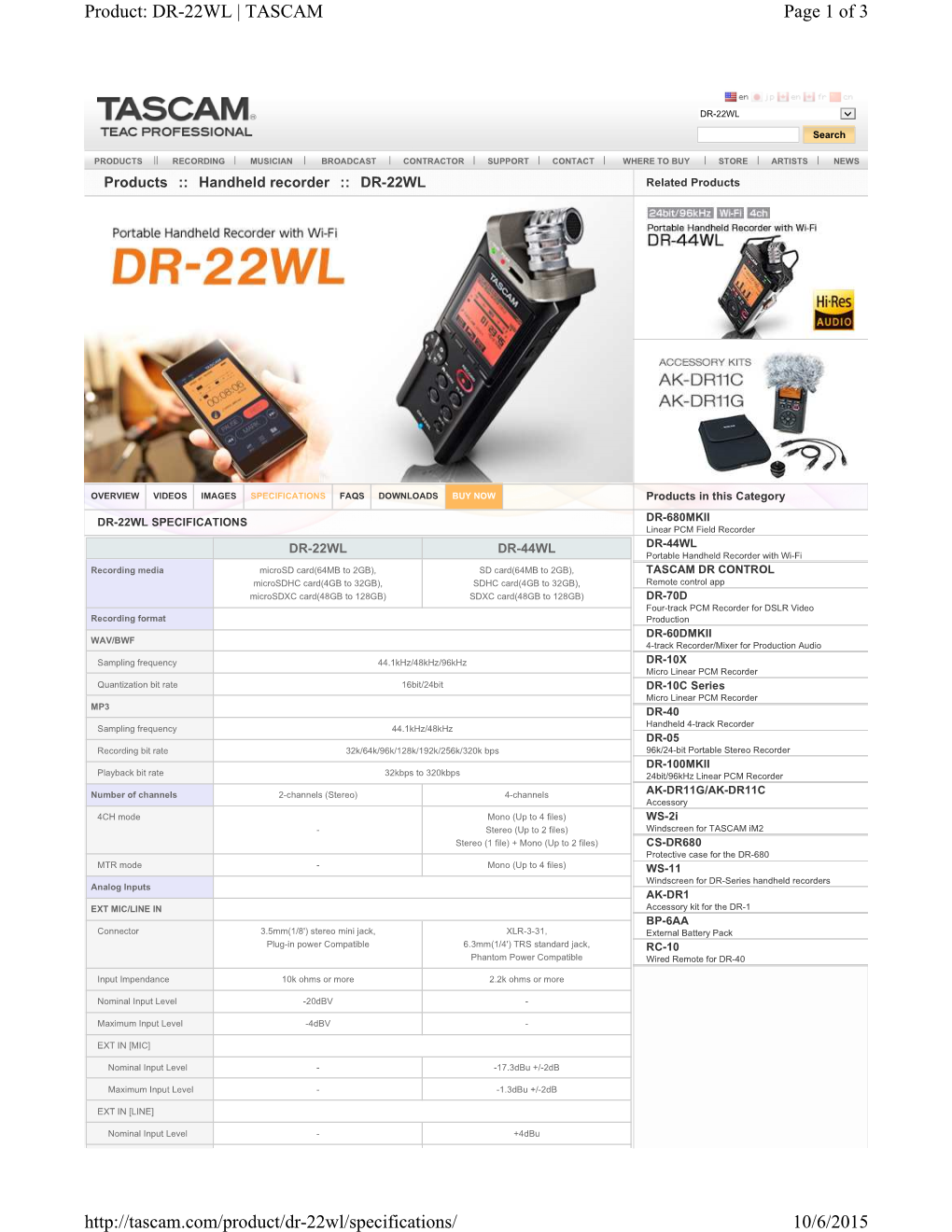 Tascam DR-22/44 Spec Page