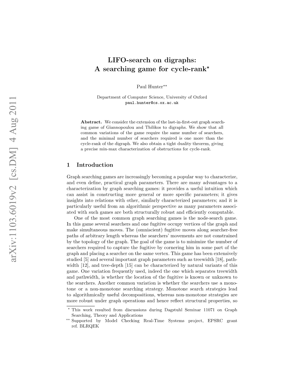 LIFO-Search on Digraphs: a Searching Game for Cycle-Rank