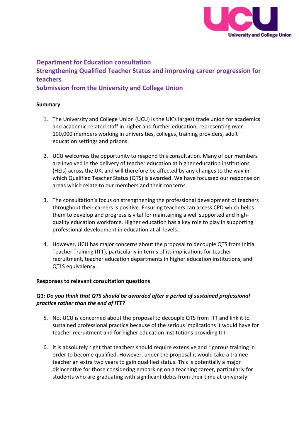 UCU Response to QTS Reform Consultation, Mar 18