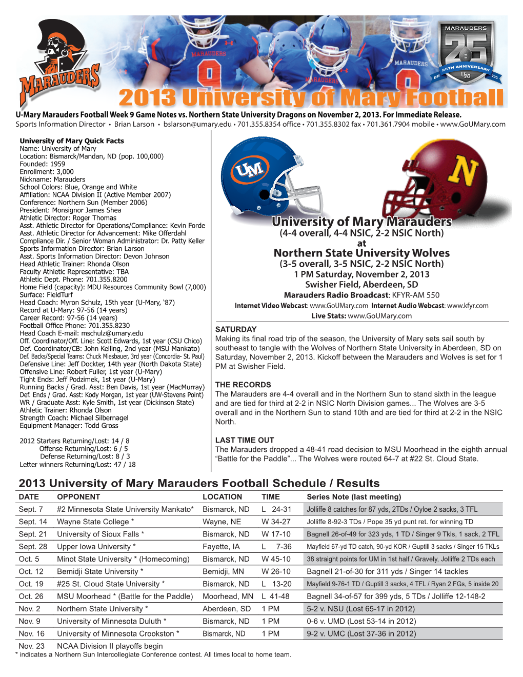 2013 University of Mary Football U-Mary Marauders Football Week 9 Game Notes Vs