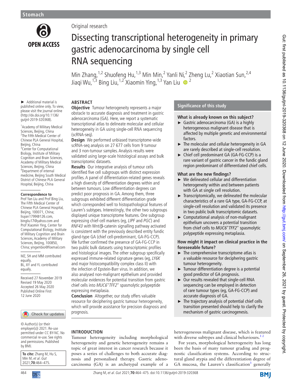 Dissecting Transcriptional Heterogeneity in Primary Gastric Adenocarcinoma by Single Cell RNA Sequencing