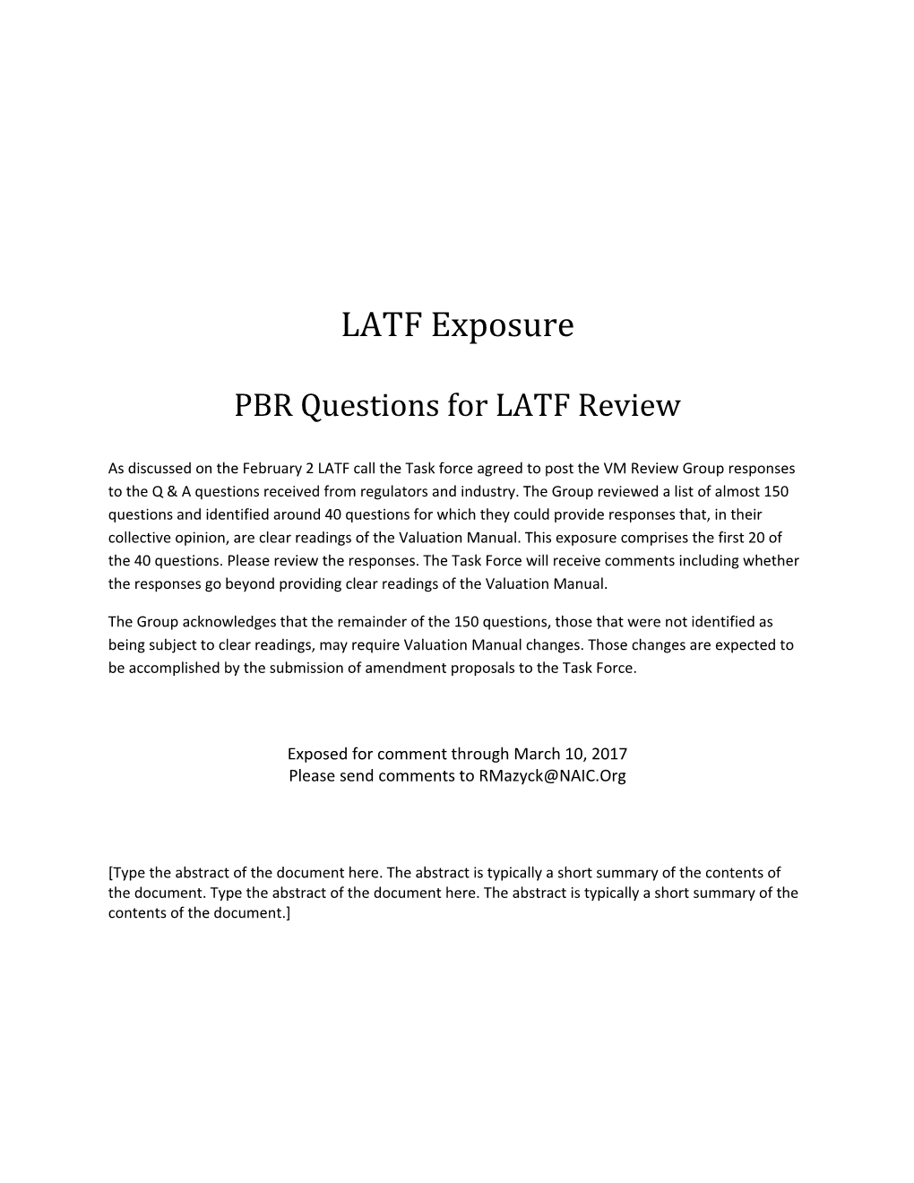 Initial Valuation Manual Q&A Proposed for Latf Consideration