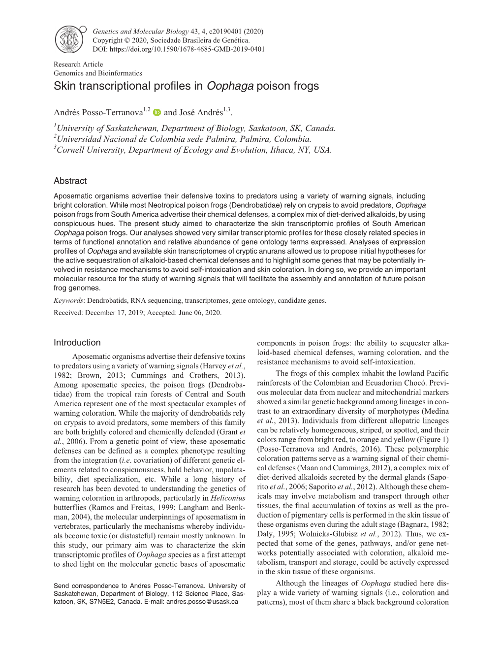 Skin Transcriptional Profiles in Oophaga Poison Frogs