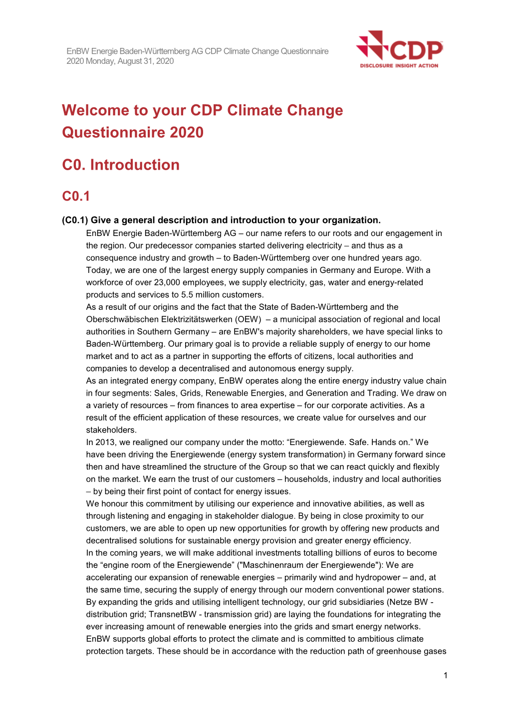 Your CDP Climate Change Questionnaire 2020 C0. Introduction