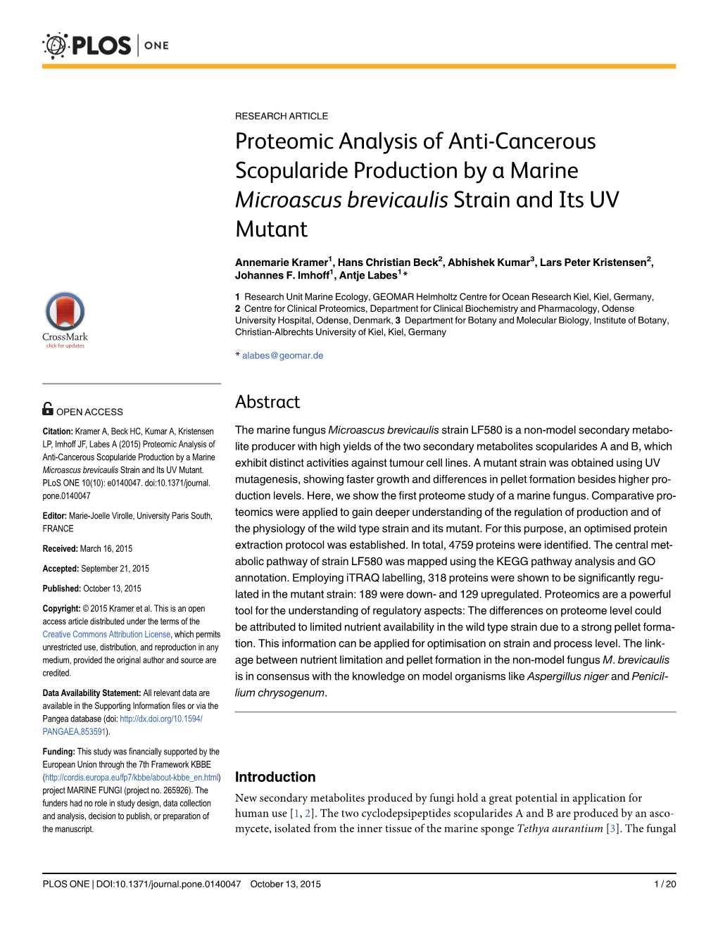 Proteomic Analysis of Anti-Cancerous Scopularide Production by a Marine Microascus Brevicaulis Strain and Its UV Mutant