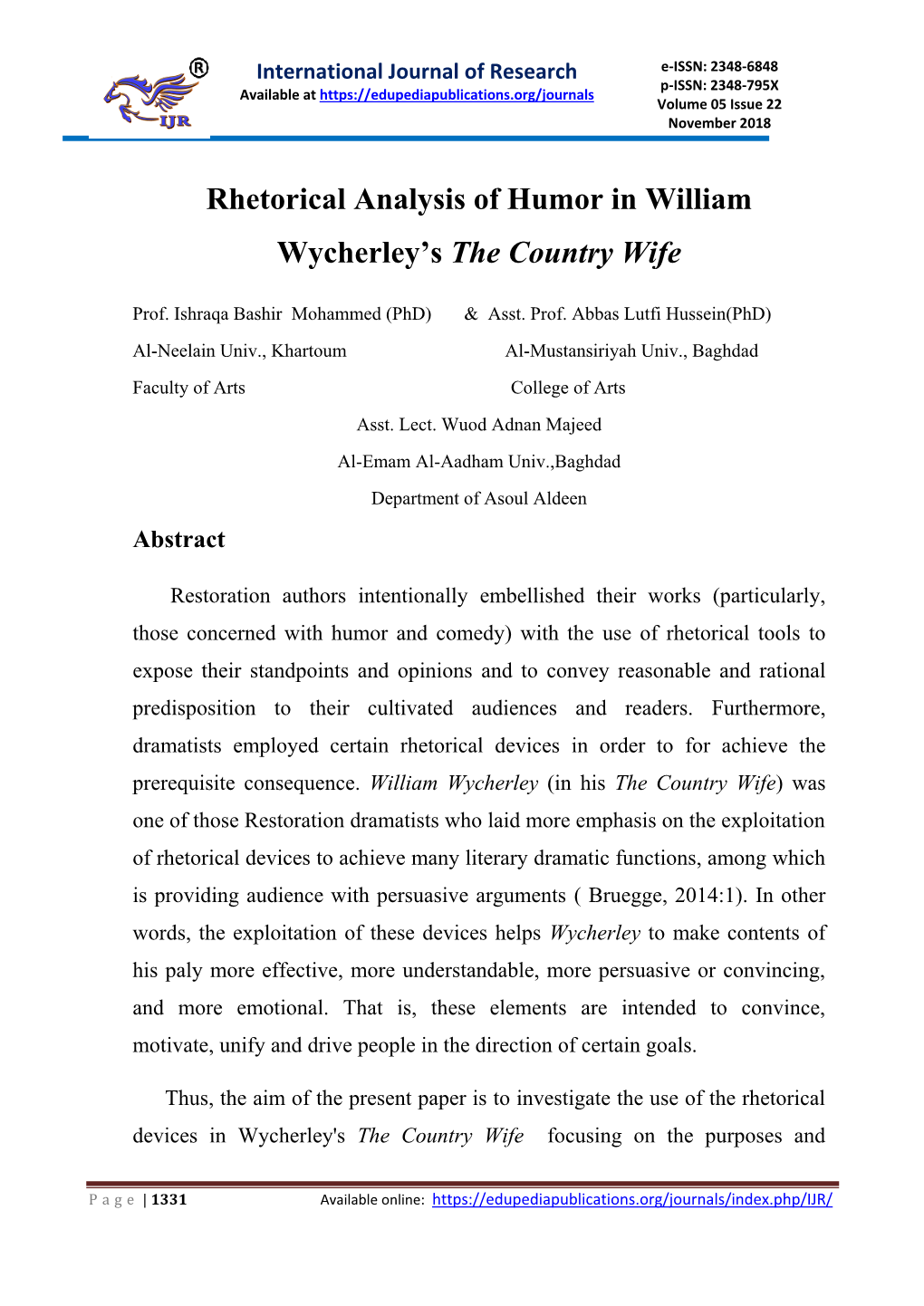 Rhetorical Analysis of Humor in William Wycherley's the Country Wife