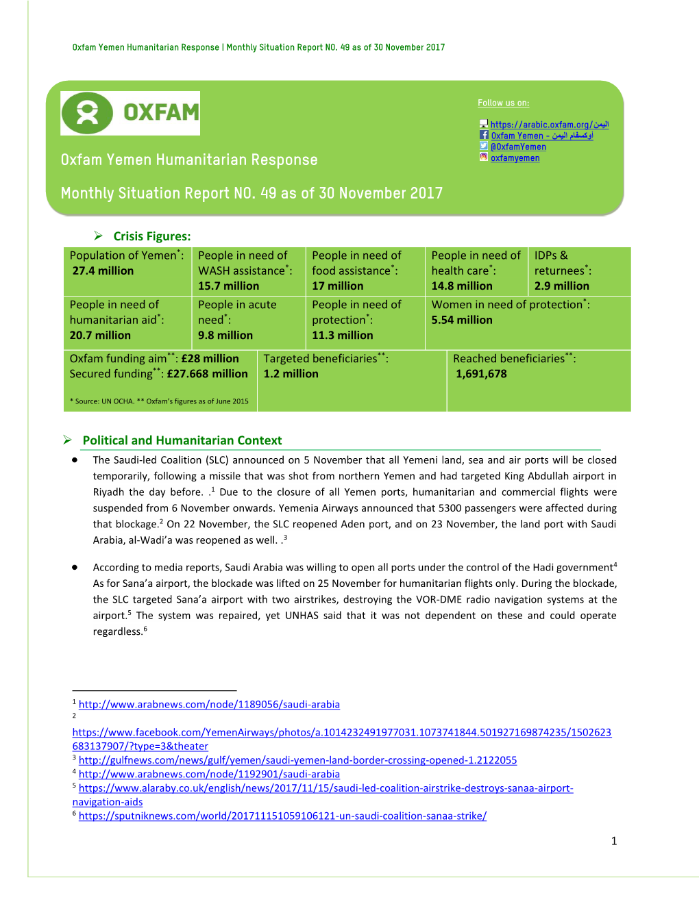 Oxfam Yemen Humanitarian Response Monthly Situation Report