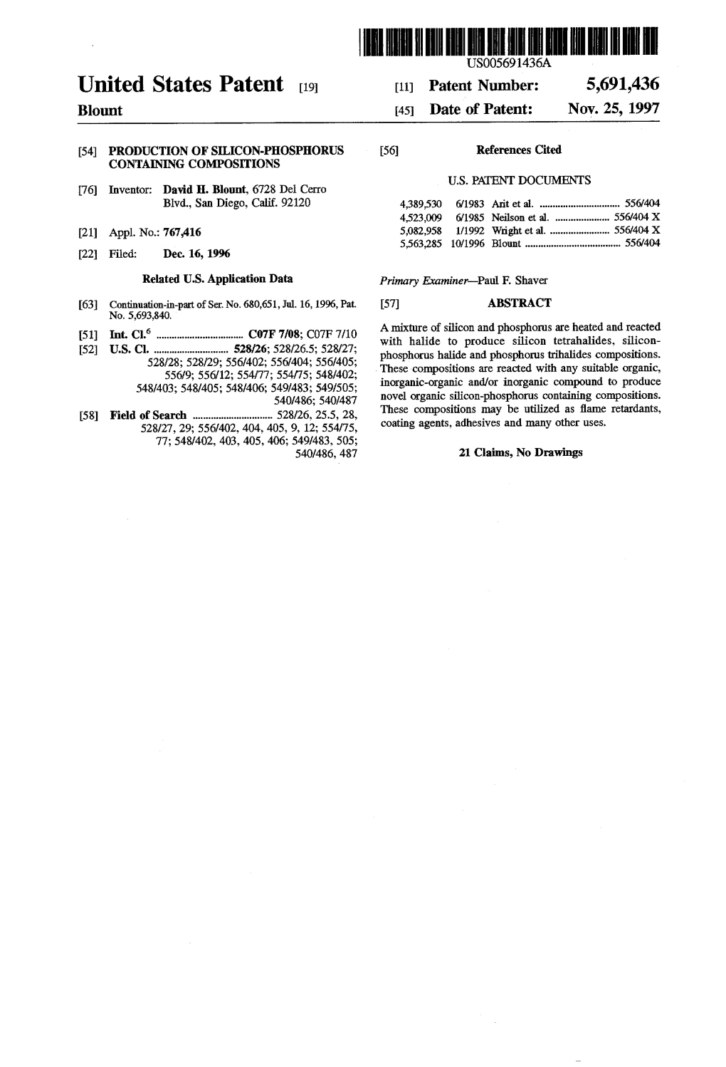 United States Patent 19 11 Patent Number: 5,691,436 Blount 45 Date of Patent: Nov
