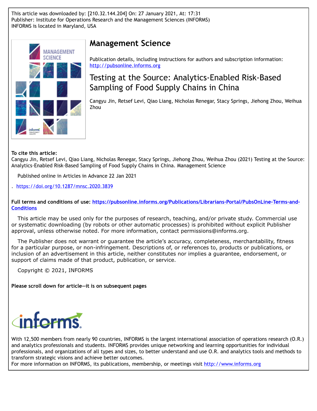 Testing at the Source: Analytics-Enabled Risk-Based Sampling of Food Supply Chains in China