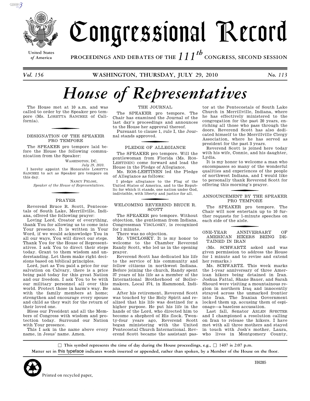 Congressional Record United States Th of America PROCEEDINGS and DEBATES of the 111 CONGRESS, SECOND SESSION