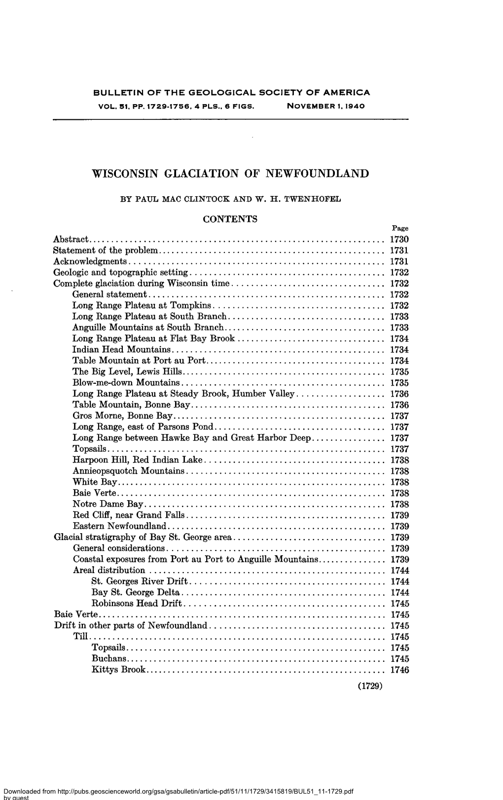 Wisconsin Glaciation of Newfoundland Contents