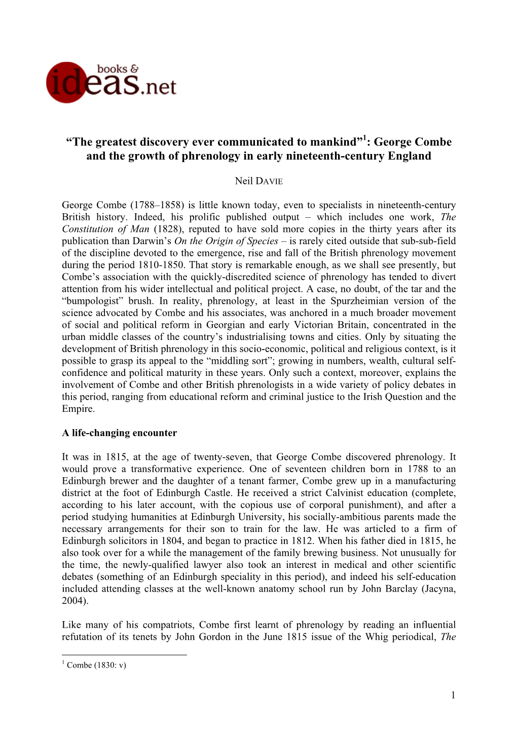 George Combe and the Growth of Phrenology in Early Nineteenth-Century England