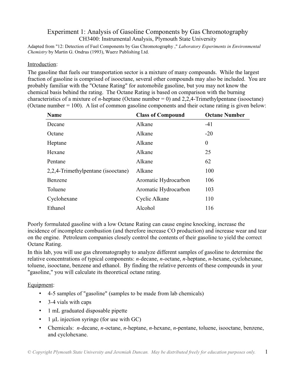Experiment 1: Analysis of Gasoline Components by Gas Chromotography