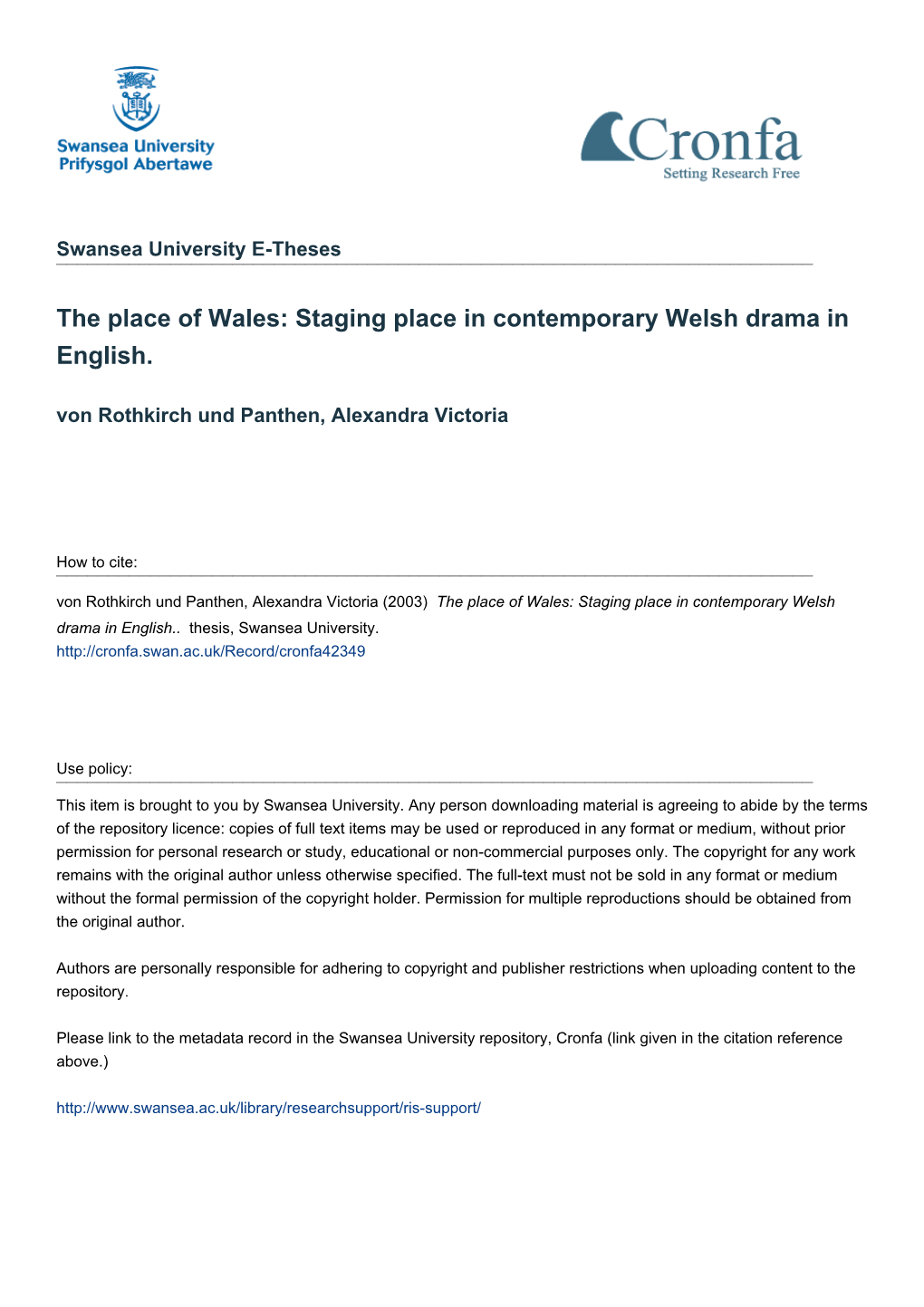 Staging Place in Contemporary Welsh Drama in English. Von Rothkirch Und Panthen, Alexandra Victoria