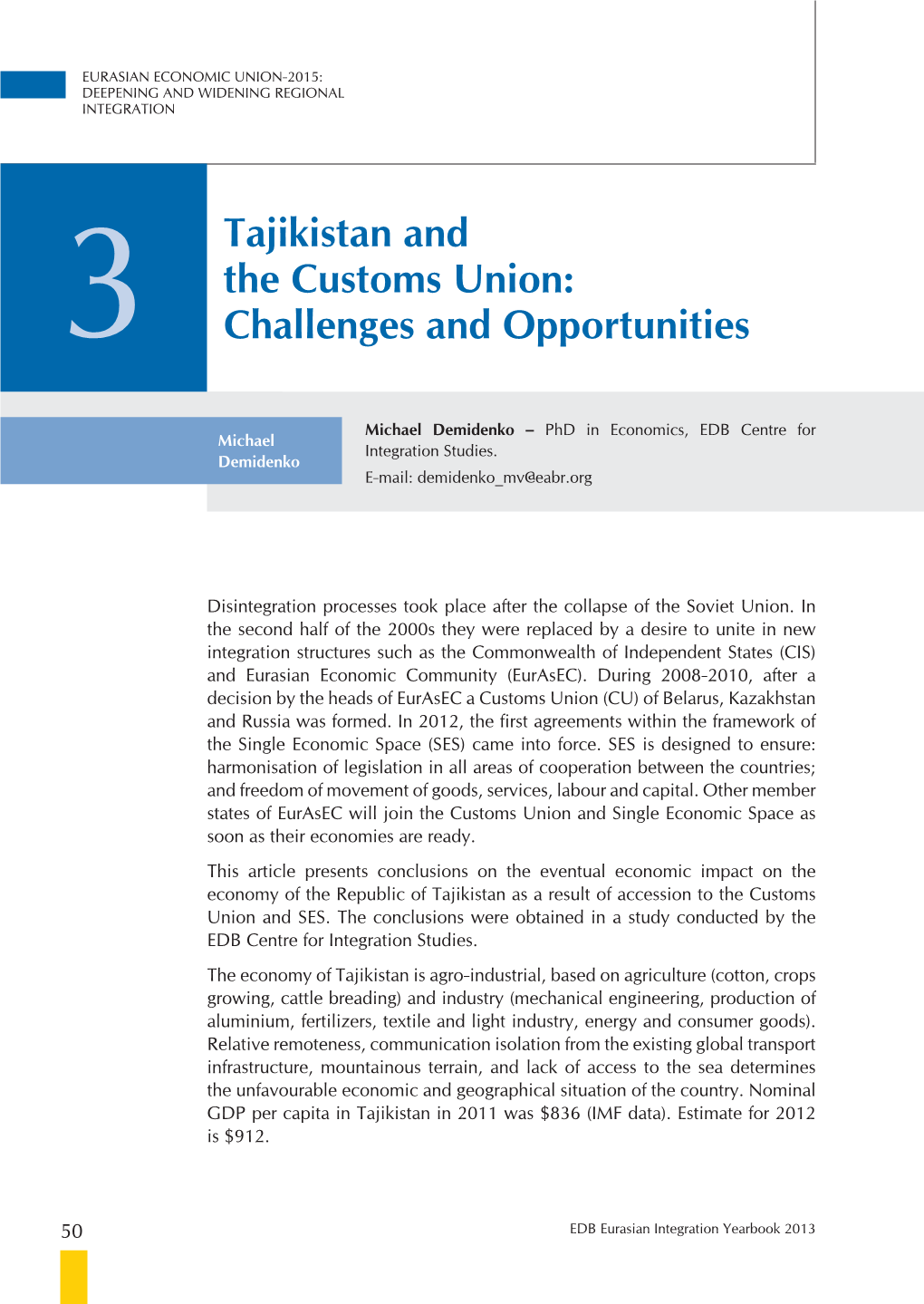 Tajikistan and the Customs Union: Challenges and Opportunities