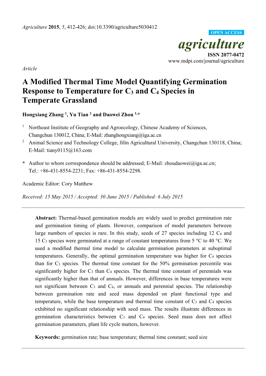 A Modified Thermal Time Model Quantifying Germination Response to Temperature for C3 and C4 Species in Temperate Grassland